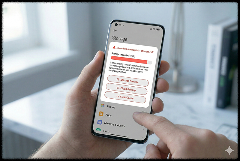 저장 공간 부족으로 인해 통화 녹음이 제한된 스마트폰 모습