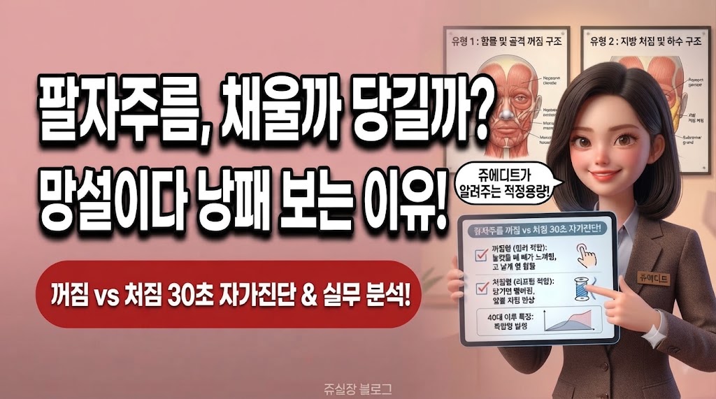 3D 여성 캐릭터 쥬에디트가 돋보기를 들고 팔자 필러와 리프팅의 핵심 특징을 확인하는 썸네일 이미지. 주변에는 시계(소요시간), 자물쇠(개인정보 보호) 아이콘이 부유한다. '시술 원리 및 회복 기간 비교' 배지가 하단에 위치한다.