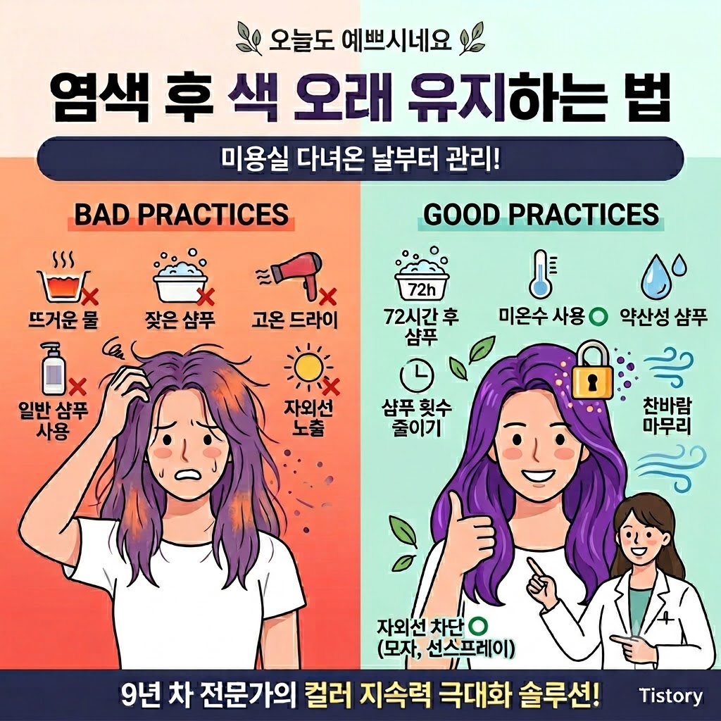 티스토리 에디터의 대체 텍스트(Alt) 란에 그대로 복사해서 붙여넣으시면 구글 로봇이 콘텐츠의 신뢰도를 높게 평가합니다.

티스토리 블로그 "염색 후 색 오래 유지하는 법 &mdash; 미용실 다녀온 날부터 시작해야 해요" 포스팅의 정방형(1:1) 대표 썸네일 이미지입니다. 화면은 좌우로 명확하게 나뉘어 '잘못된 관리 습관(BAD PRACTICES)'과 '올바른 관리 습관(GOOD PRACTICES)'을 대조하여 보여줍니다.

[상단 타이틀] 상단 중앙에는 흰색 바탕 위에 선명하고 두꺼운 검은색 글씨로 "염색 후 색 오래 유지하는 법"이라는 메인 제목이 크게 강조되어 있으며, 그 바로 아래 남색 라운드 배너 안에 흰색 글씨로 "미용실 다녀온 날부터 관리!"라는 부제가 깔끔하게 적혀 있습니다. 최상단에는 '오늘도 예쁘시네요' 로고와 나뭇잎 아이콘이 배치되어 있습니다.

[좌측 영역 - BAD PRACTICES] 연한 핑크색 배경 위에 염색이 얼룩덜룩하게 빠져 서글픈 표정을 짓고 있는 주황&middot;갈색조 머리의 여성 일러스트가 있습니다. 그 주변에는 빨간색 엑스(X) 표시와 함께 '뜨거운 물', '잦은 샴푸', '고온 드라이', '일반 샴푸 사용', '자외선 노출' 아이콘이 배치되어 모발 색 빠짐을 유발하는 원인들을 직관적으로 경고합니다.

[우측 영역 - GOOD PRACTICES] 연한 민트 블루색 배경 위에 선명하고 윤기 나는 보라색 머리를 한 여성이 미소를 지으며 엄지를 치켜세우고 있습니다. 여성의 머리 위에는 컬러를 잠근다는 의미의 황금색 자물쇠 아이콘이 빛나고 있습니다. 주변에는 초록색 동그라미(O) 표시와 함께 '72시간 후 샴푸', '미온수 사용', 물방울 아이콘 아래 적힌 '약산성 샴푸', '찬바람 마무리', '자외선 차단(모자, 선스프레이)' 안내가 정돈되어 있습니다. 그 옆에는 흰 가운을 입은 신뢰감 있는 단정한 헤어 전문가가 미소를 지으며 이 올바른 관리법을 가리키고 있습니다.

[하단 배너] 최하단에는 짙은 남색 바탕의 가로 배너 안에 흰색과 노란색 글씨로 "9년 차 전문가의 컬러 지속력 극대화 솔루션!"이라는 문구와 함께 우측 끝에 'Tistory' 문구가 깔끔하게 표기되어 있습니다.