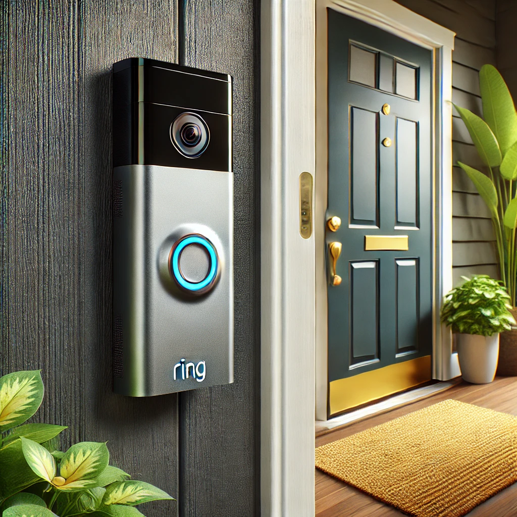 Ring 비디오 초인종 카메라가 현관문 옆에 설치된 모습&amp;#44; 동작 센서와 사용자 친화적인 인터페이스를 강조한 세련된 디자인&amp;#44; 화분과 환영 매트가 있는 접근 가능하면서도 안전한 입구 환경을 묘사