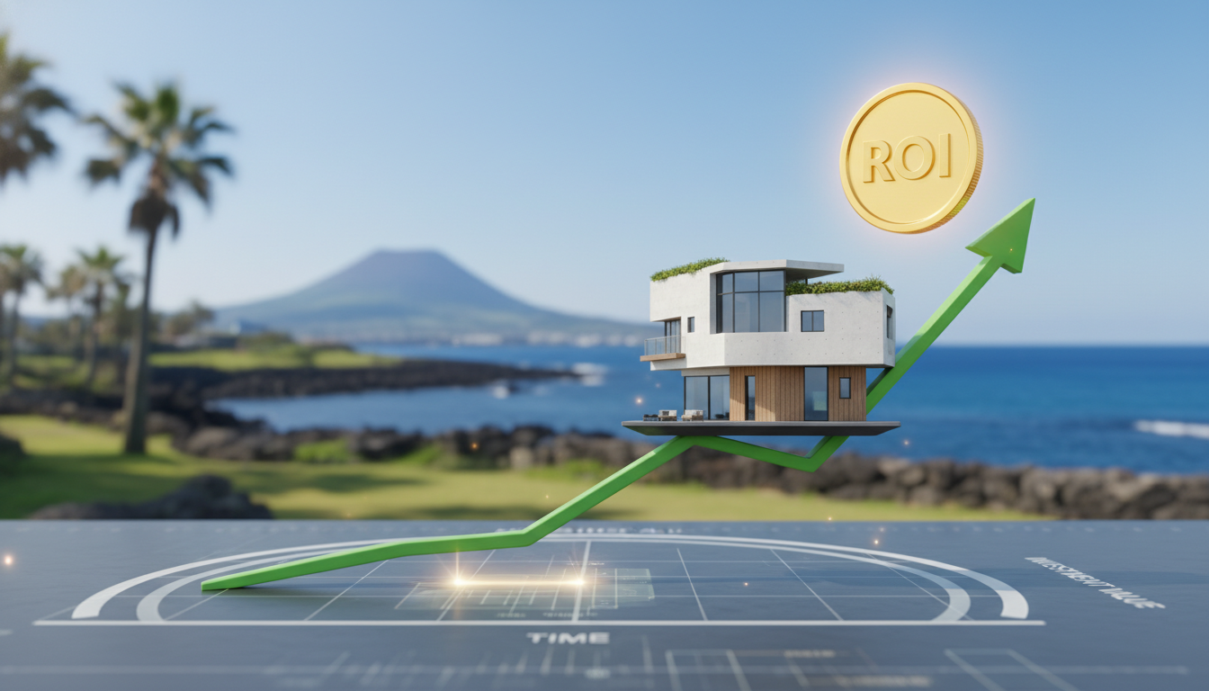 제주도 풍경을 배경으로 가파르게 상승하는 부동산 시세 그래프와 투자 수익률 상승을 상징하는 동전 일러스트