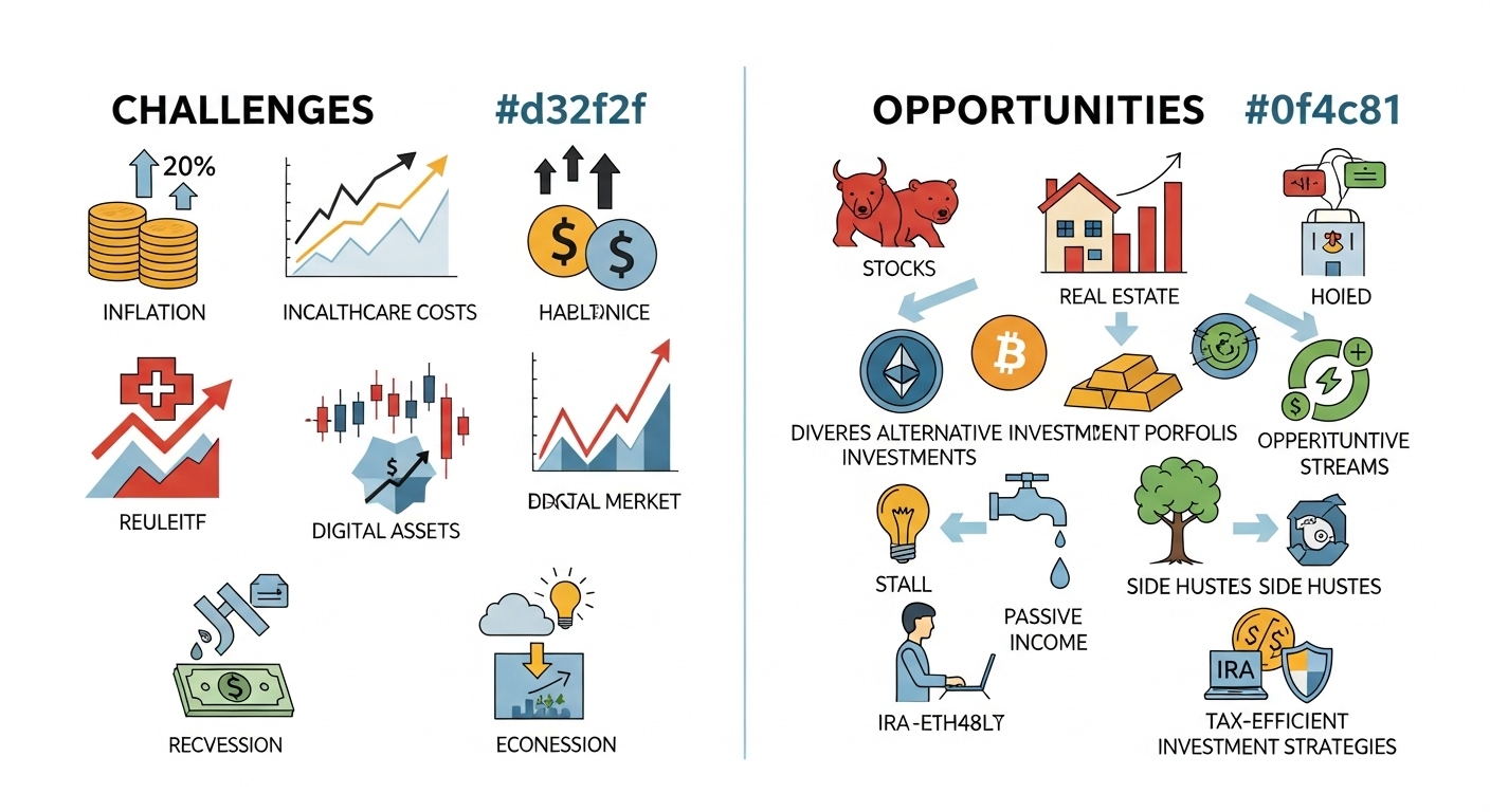 2025년 파이어족이 직면할 수 있는 인플레이션, 투자 변동성, 건강 보험 등 재정적 현실을 나타내는 차트.