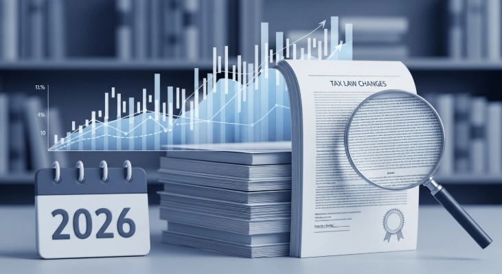 복잡한 세법 문서와 그래프, 돋보기가 2026년 세법 개정의 핵심을 조명하는 이미지