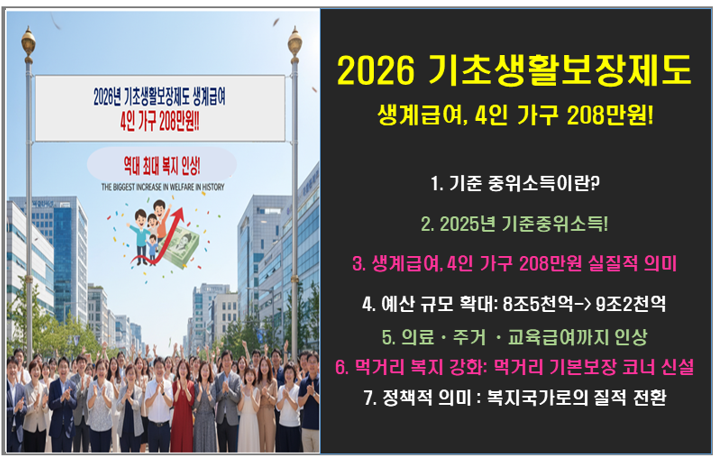 2026년 기초생활보장제도 생계급여, 4인 가구 208만원!! 복지 역대급 인상