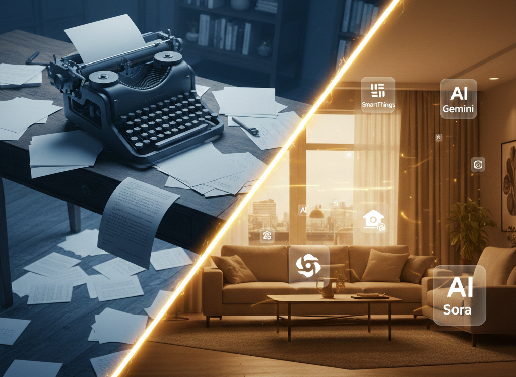 클래식한 사무실과 미래형 스마트홈이 대비된 이미지. 갤럭시 AI, 스마트싱스, 제미나이 아이콘이 공중에 떠 있는 지능형 주거 공간의 모습.