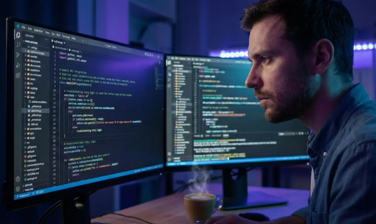 늦은 밤, 제미나이 멈춤 현상을 해결하기 위해 코드를 수정하고 있는 개발자의 집중한 모습