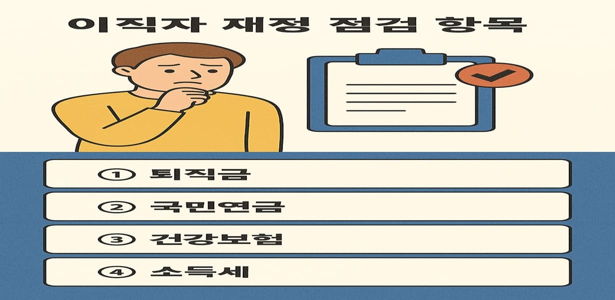 이직자의 재정 점검 항목 5가지를 요약한 인포그래픽 이미지