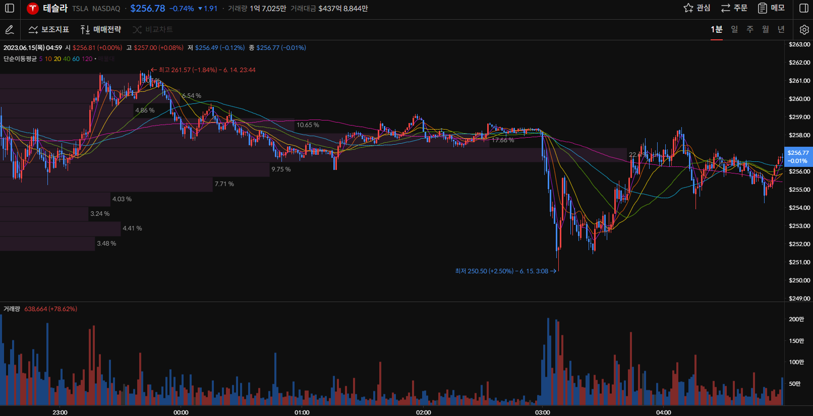테슬라 주가 1분봉