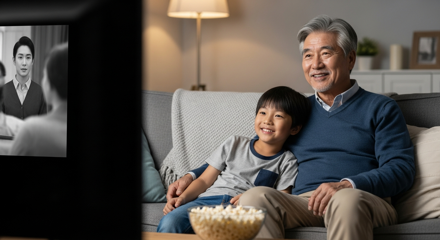 할아버지 세대와 손주 세대가 함께 소파에 앉아 흑백 영화를 보며 미소 짓는 모습