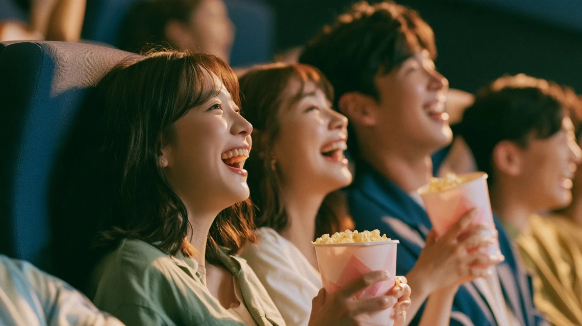 손으로 귀를 살짝 막으며 웃는 사람