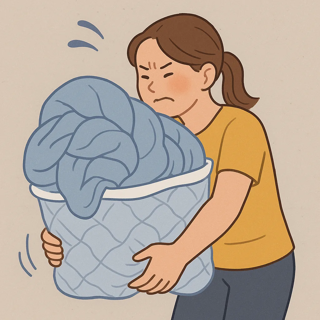 이불-빨래가-끝난-후-무게가-더-무겁게-느껴지는-이유를-표현한-일러스트-물에-젖은-이불을-들고-있는-여성의-힘든-표정