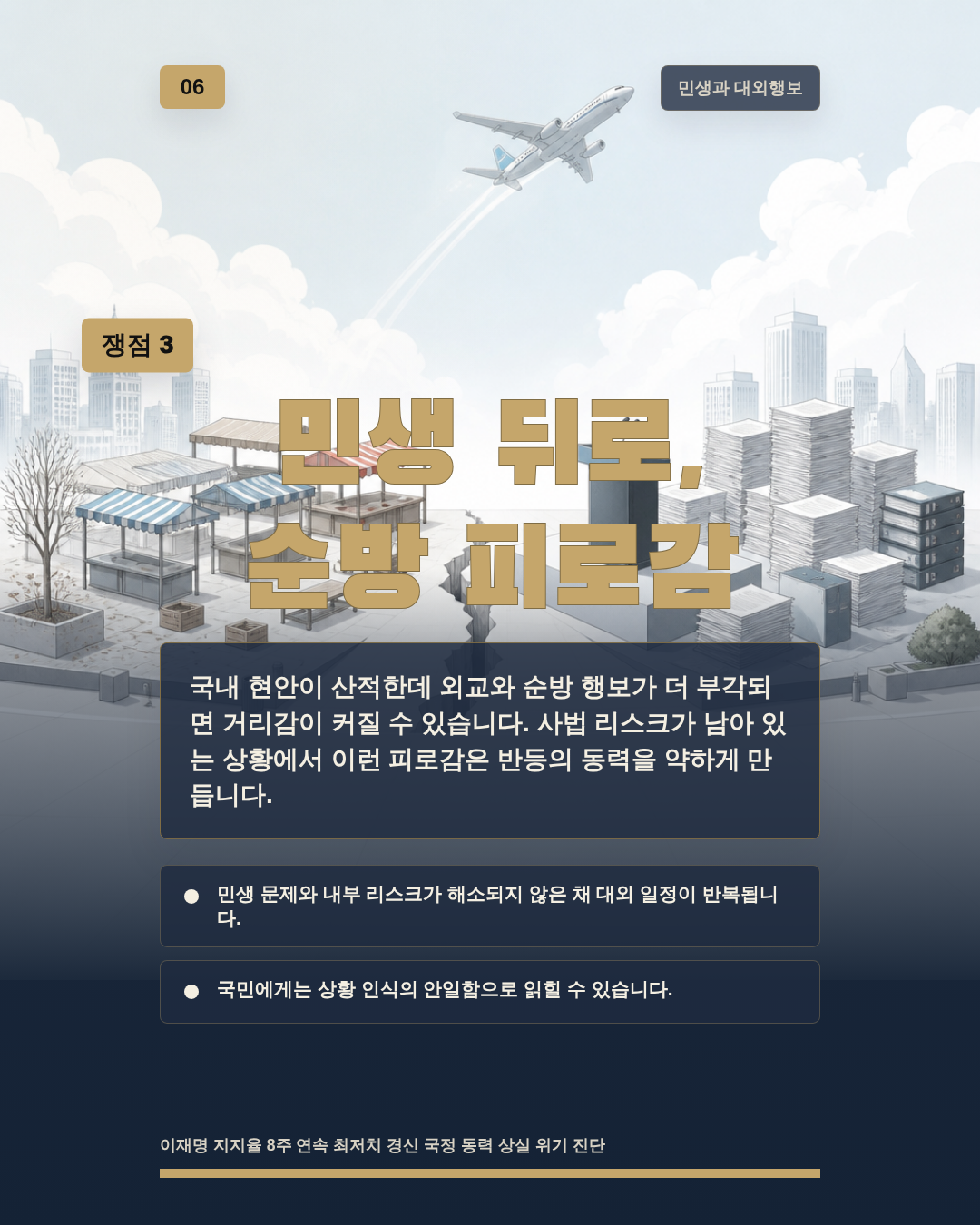 민생 뒤로, 순방 피로감