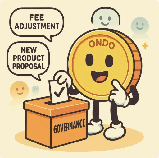 ONDO 토큰 캐릭터가 거버넌스 투표함에 투표용지를 넣는 모습을 표현한 웹일러스트 이미지. 이 이미지는 온도 파이낸스의 거버넌스 기능과 투표 참여 구조를 시각적으로 전달하며, 블로그의 ONDO 유틸리티 및 탈중앙화 참여 주제를 설명함 (ONDO governance, DeFi
