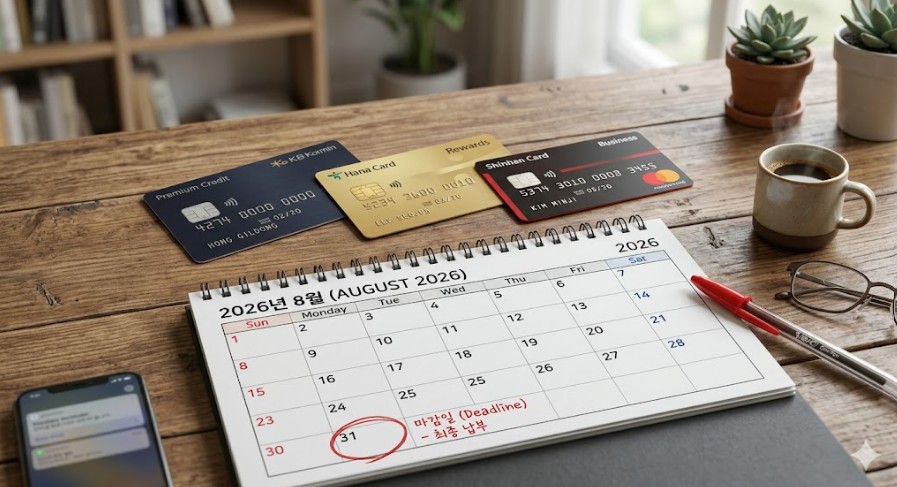 테이블 위 신용카드 몇 장과 2026년 달력의 8월 31일에 빨간색 동그라미가 쳐진 마감일