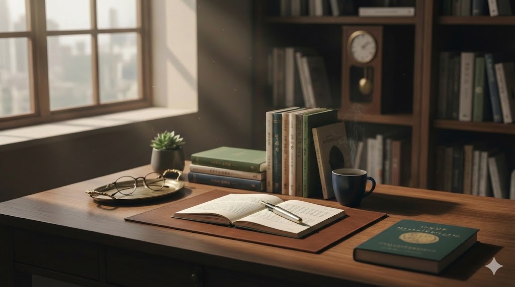 A tidy editor's desk with a fountain pen.