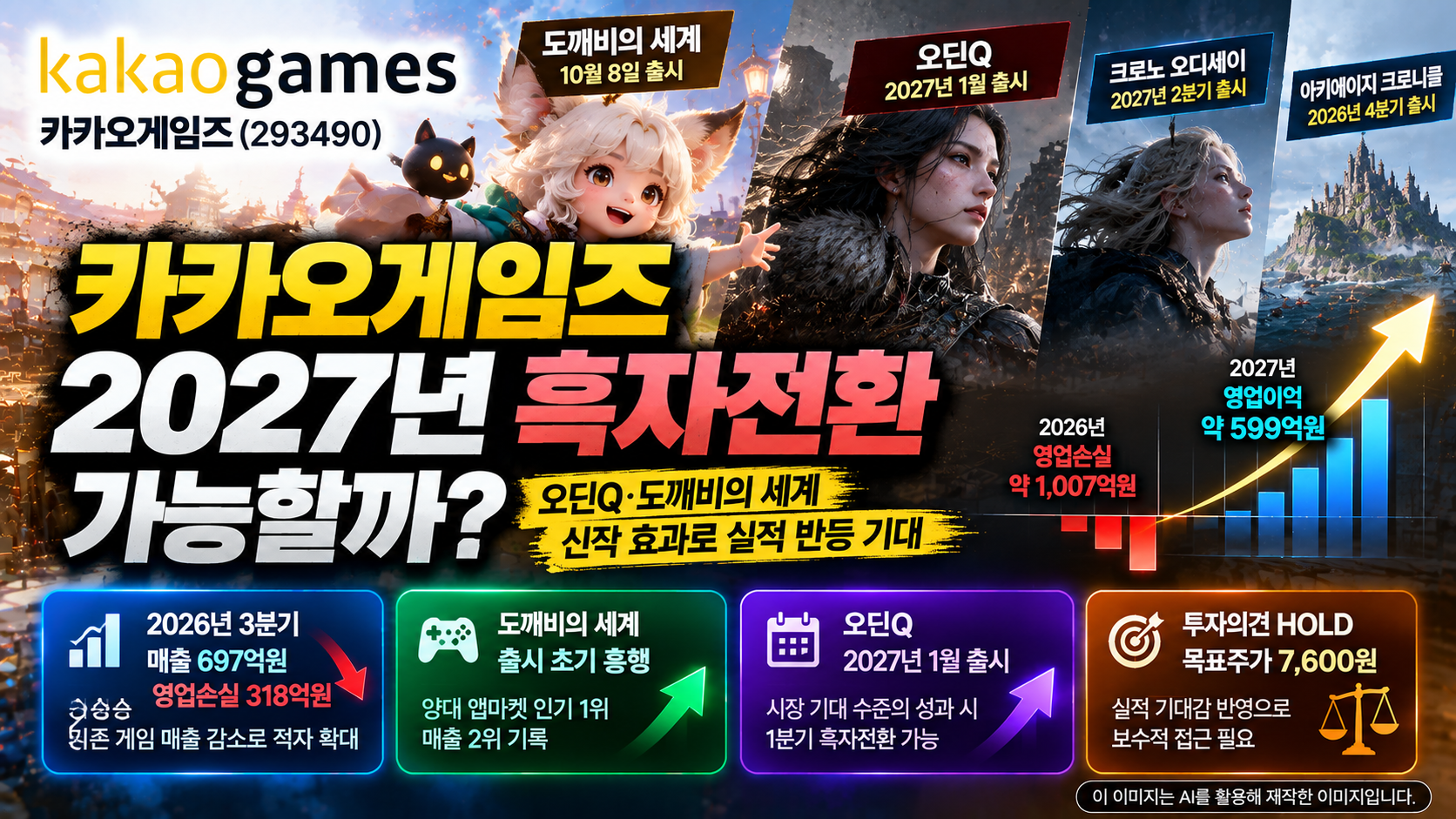 카카오게임즈 기업분석, 도깨비의 세계와 오딘Q 등 신작 출시 효과 및 2026년 영업적자 1,007억원에서 2027년 영업이익 599억원으로 흑자전환 가능성을 분석한 증권사 리포트
