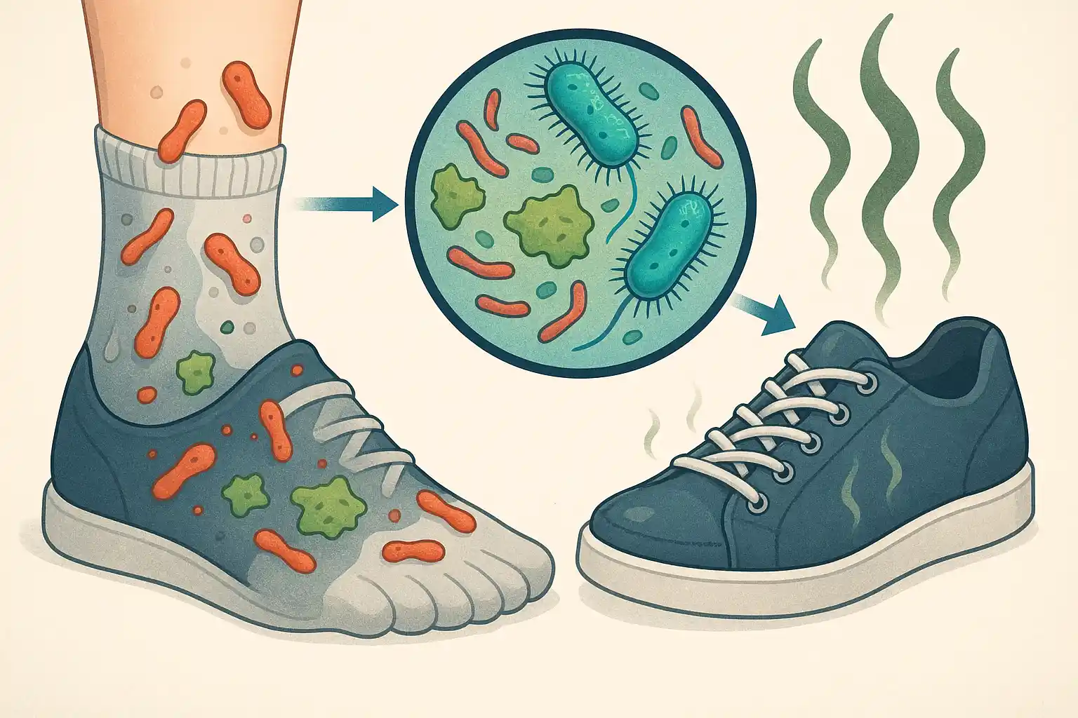 젖은 양말과 신발에서 세균과 각질이 분해되어 냄새를 발생시키는