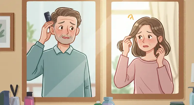 탈모 증상으로 머리숱이 줄어들어 걱정하는 남성과 여성 일러스트