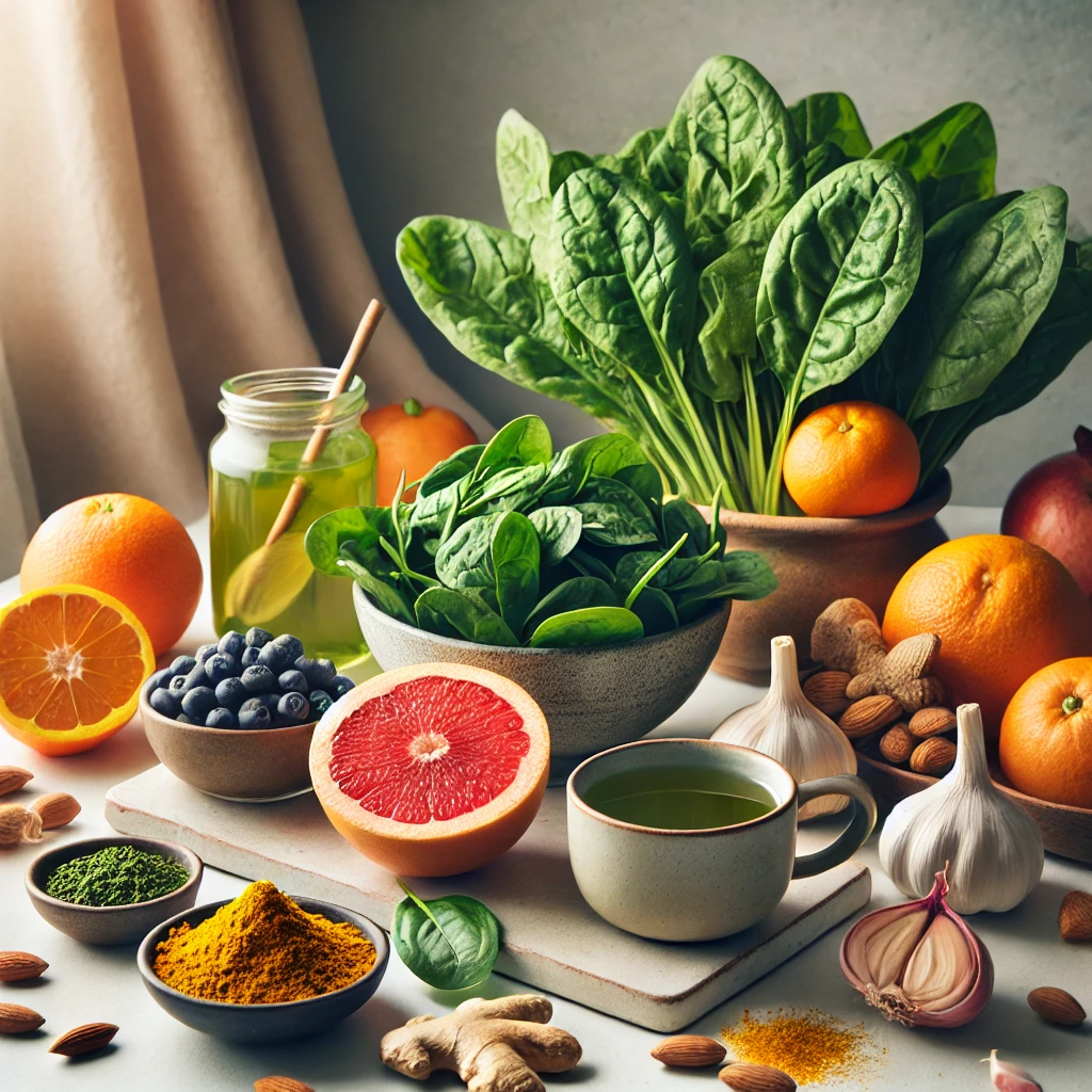 면역력을 강화하는 음식들로 구성된 테이블. 오렌지, 자몽과 같은 감귤류 과일, 시금치, 블루베리, 마늘, 생강, 아몬드, 녹차 등이 포함되어 있으며 건강한 생활을 위한 음식 선택을 강조함