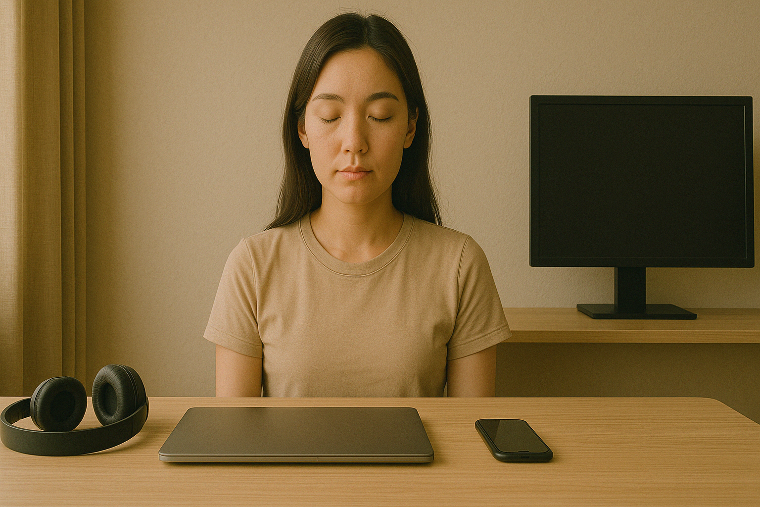 사운드 디톡스 도전 중인 사람의 평온한 모습(Ai생성이미지)