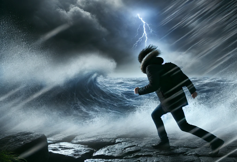 바다 근처에서 폭풍속에서 파도가 밀려오는 꿈