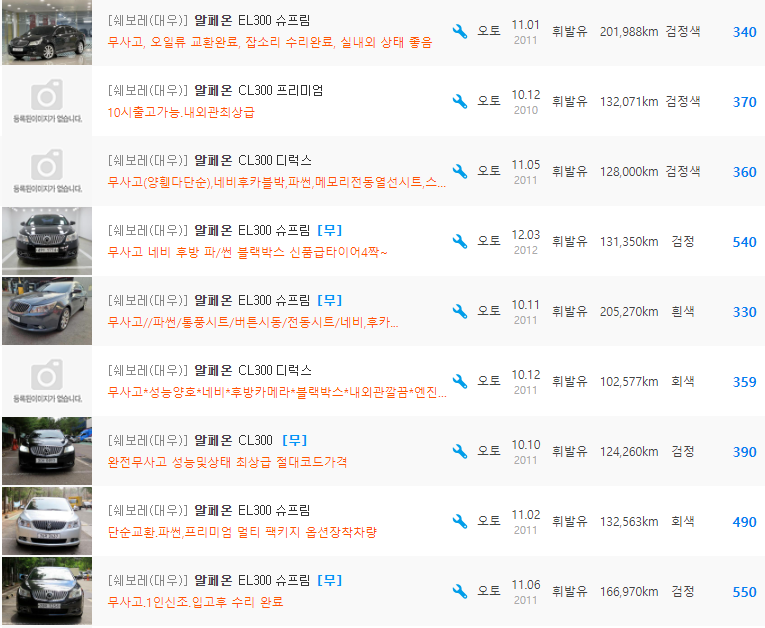 알페온 3.0 가솔린 등급 중고차 시세 : 260만원 ~ 800만원