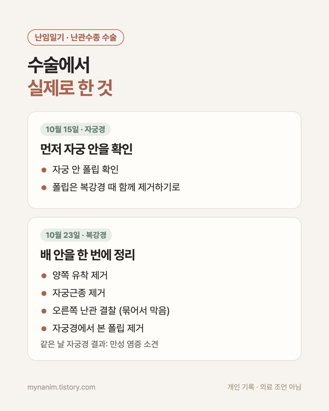 자궁경과 복강경에서 한 시술을 정리한 카드