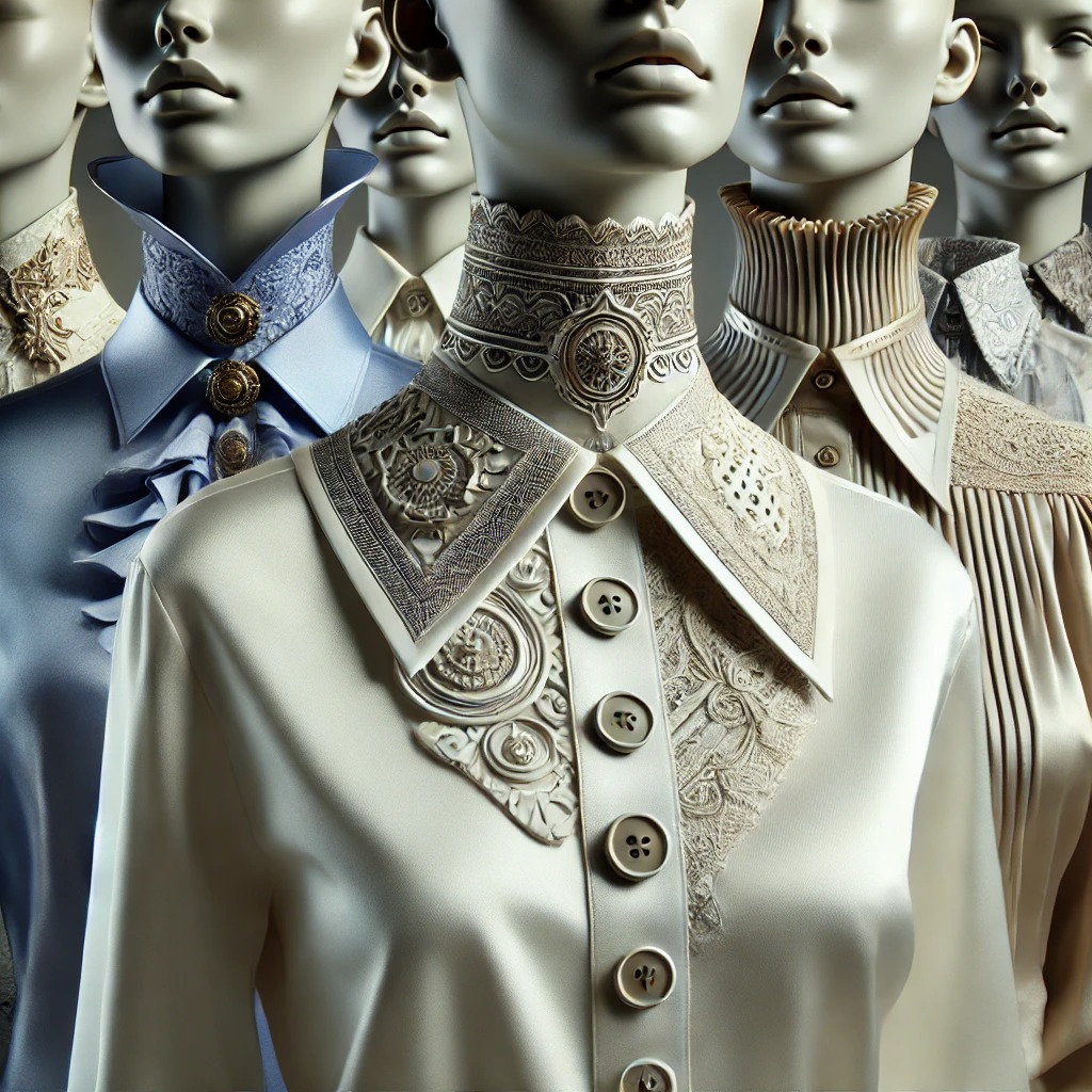 대담한 칼라 디자인과 독특한 버튼 디테일로 상체 패션을 선보이는 이미지, 뒤로 접은 버튼다운 스타일 등 세련되면서도 격식을 갖춘 룩