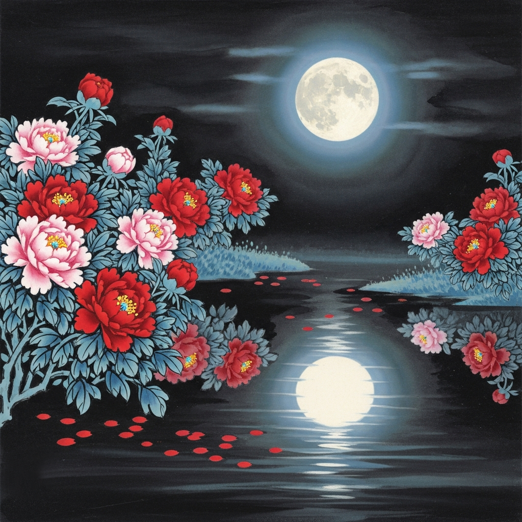 맑은 연못에 비친 보름달과 모란