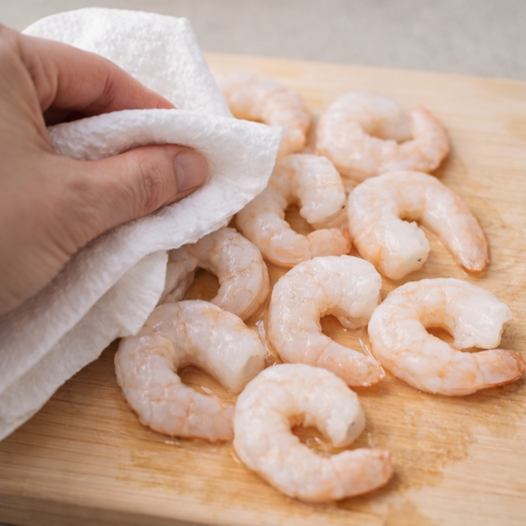 키친타월로 냉동새우 물기를 제거해 조리 실패를 줄이는 과정입니다.