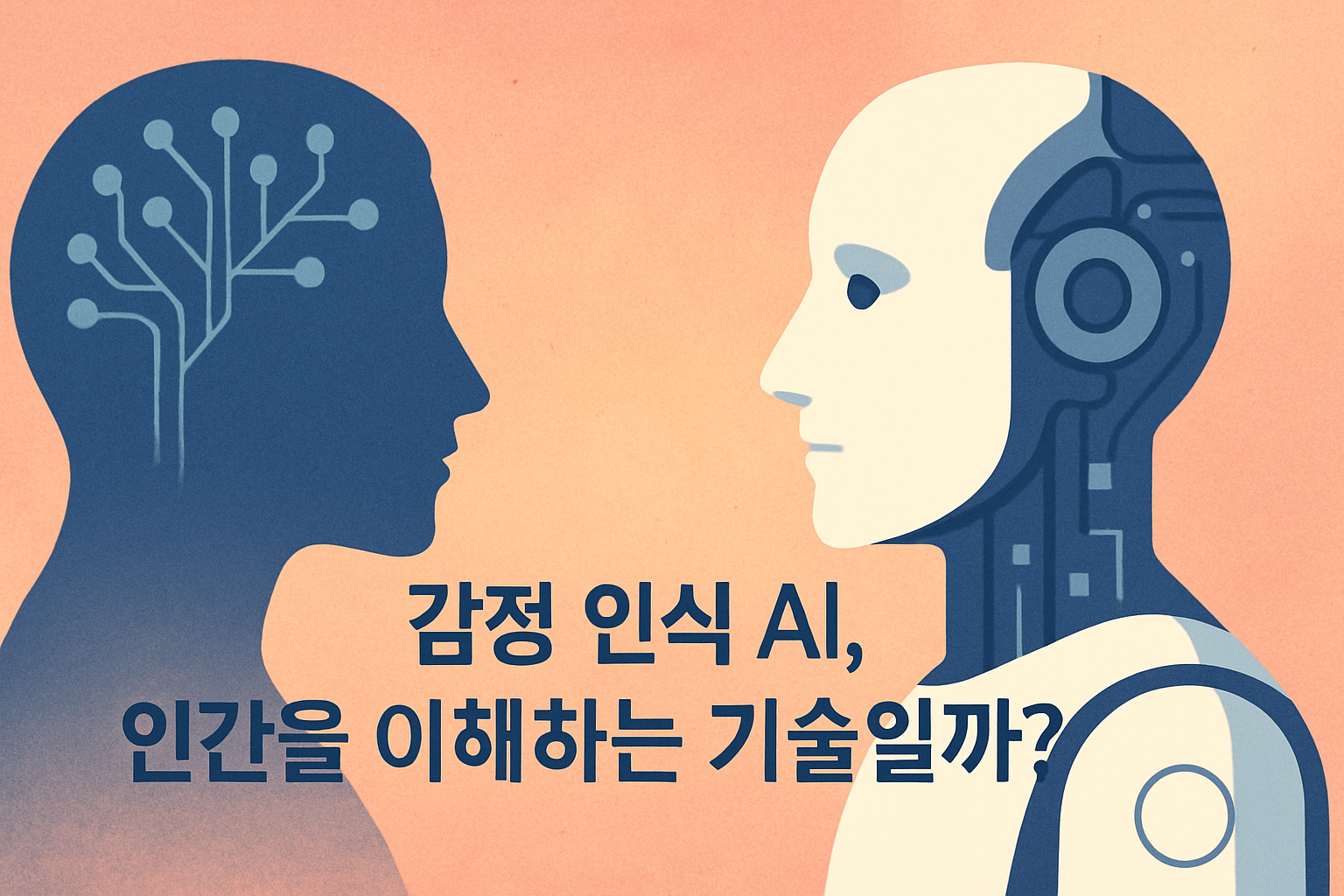 alt="감정 인식 AI를 상징하는 사람과 로봇의 옆모습, 신경망과 회로가 대비되는 구성의 일러스트 이미지