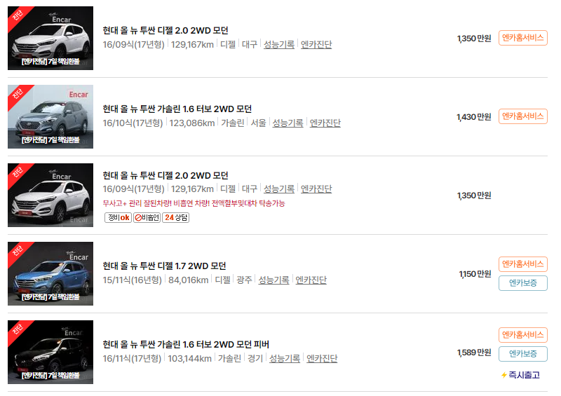 현대 투싼 중고차 가격 시세표 24년10월