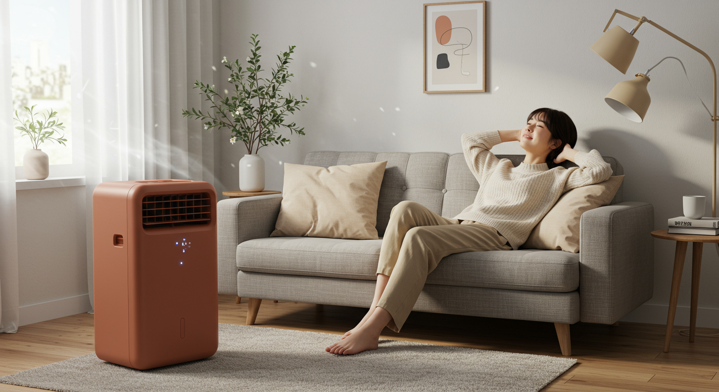 테라코타 색상의 이동식 에어컨이 놓인 현대적인 거실에서 편안하게 휴식을 취하는 사람의 모습.