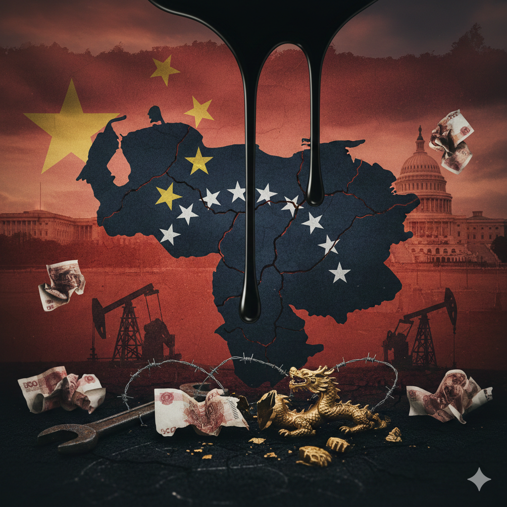 검은 석유 방울이 수직으로 떨어지는 가운데 균열이 간 베네수엘라 지도와 중국 국기가 겹쳐진 배경이 보여요. 바닥에는 녹슨 렌치와 철조망, 구겨진 지폐들과 함께 부서진 황금 용 조각이 흩어져 있어 자산 증발과 경제적 몰락을 시각적으로 나타내요. 멀리 배경에는 유전의 펌프 잭과 미국 의회 의사당 건물이 배치되어 있어 세 국가 사이의 복잡한 정치적, 경제적 대립 구도를 상징해요.