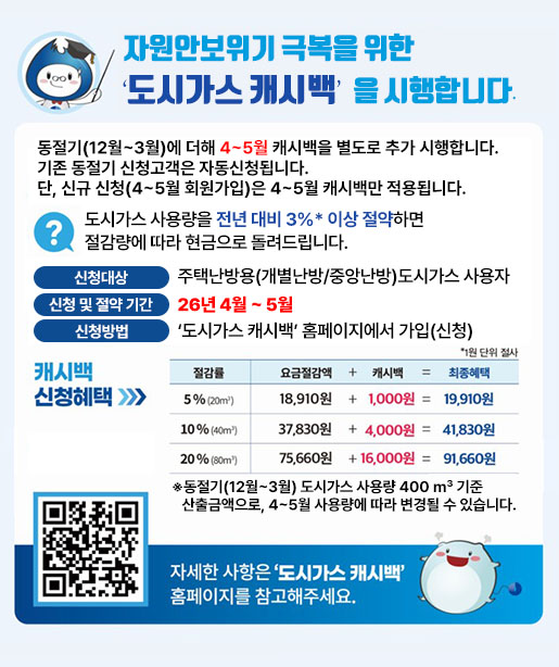 2026 도시가스 캐시백 4~5월 추가 시행