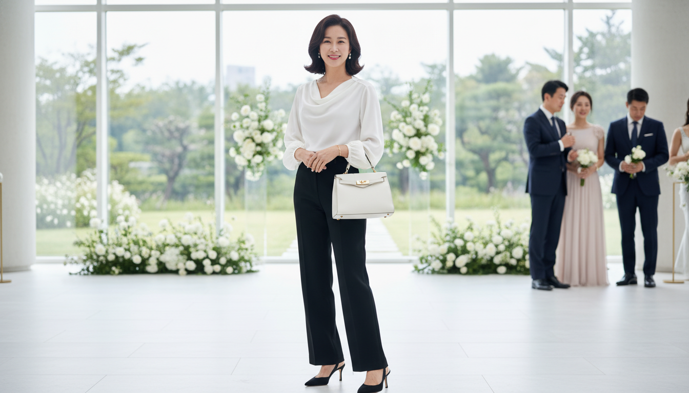 50대 여성이 김혜수처럼 우아한 모나미룩(화이트 실크 블라우스와 블랙 슬랙스)을 입고 세련된 하객 패션을 선보이는 모습