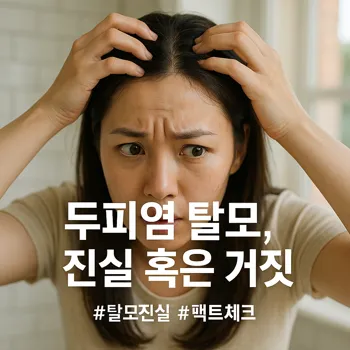 * 이미지 프롬프트: 밝고 깨끗한 욕실 거울 앞에서, 20대 여성이 손가락으로 자신의 가르마를 살피며 걱정스러운 표정으로 두피를 자세히 들여다보고 있다. 창문으로 들어오는 아침 햇살이 그녀의 얼굴과 머리카락을 환하게 비춘다. 하이퍼리얼리즘 사진 스타일.
* 썸네일 텍스트(제목): 두피염 탈모, 진실 혹은 거짓
* 해시태그: #탈모진실 #팩트체크