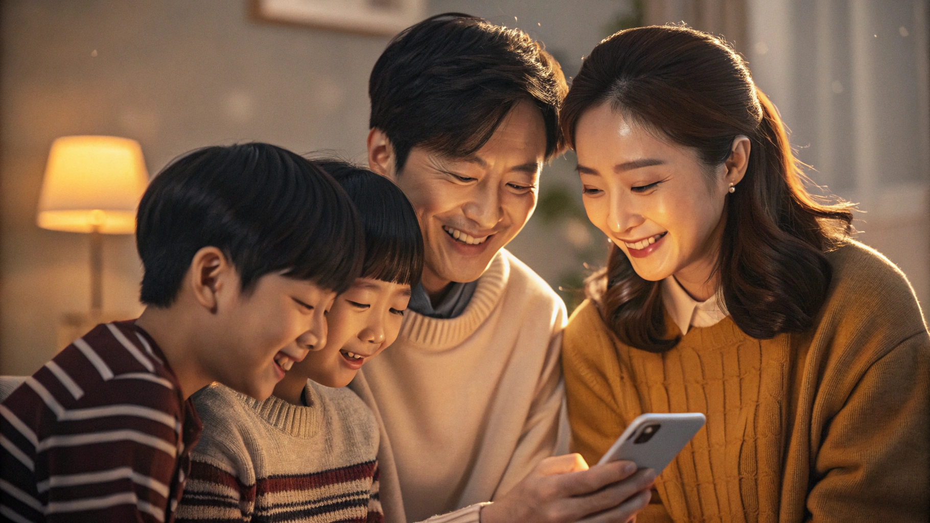 가족이 모여 앱을 통해 지원금 확인하는 이미지