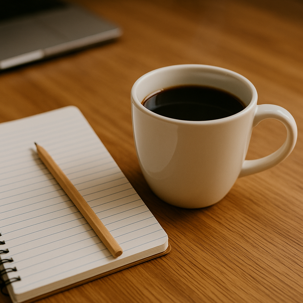 나무 테이블 위 머그잔 블랙 커피와 줄노트, 연필, 노트북 일부가 보이는 아침 데스크 셋업