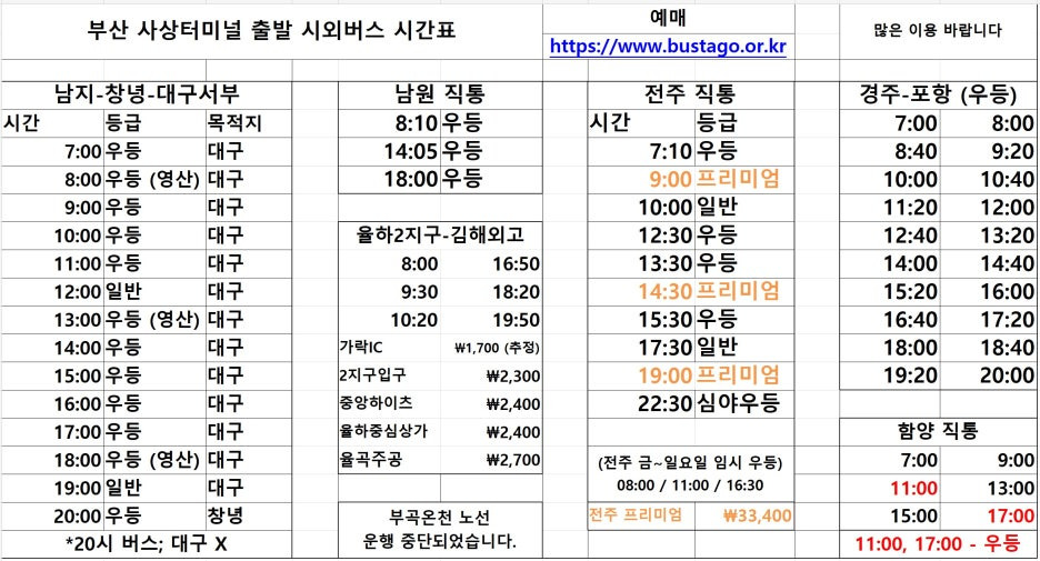 부산서부시외버스터미널 (부산사상터미널) 출발 시간표 4