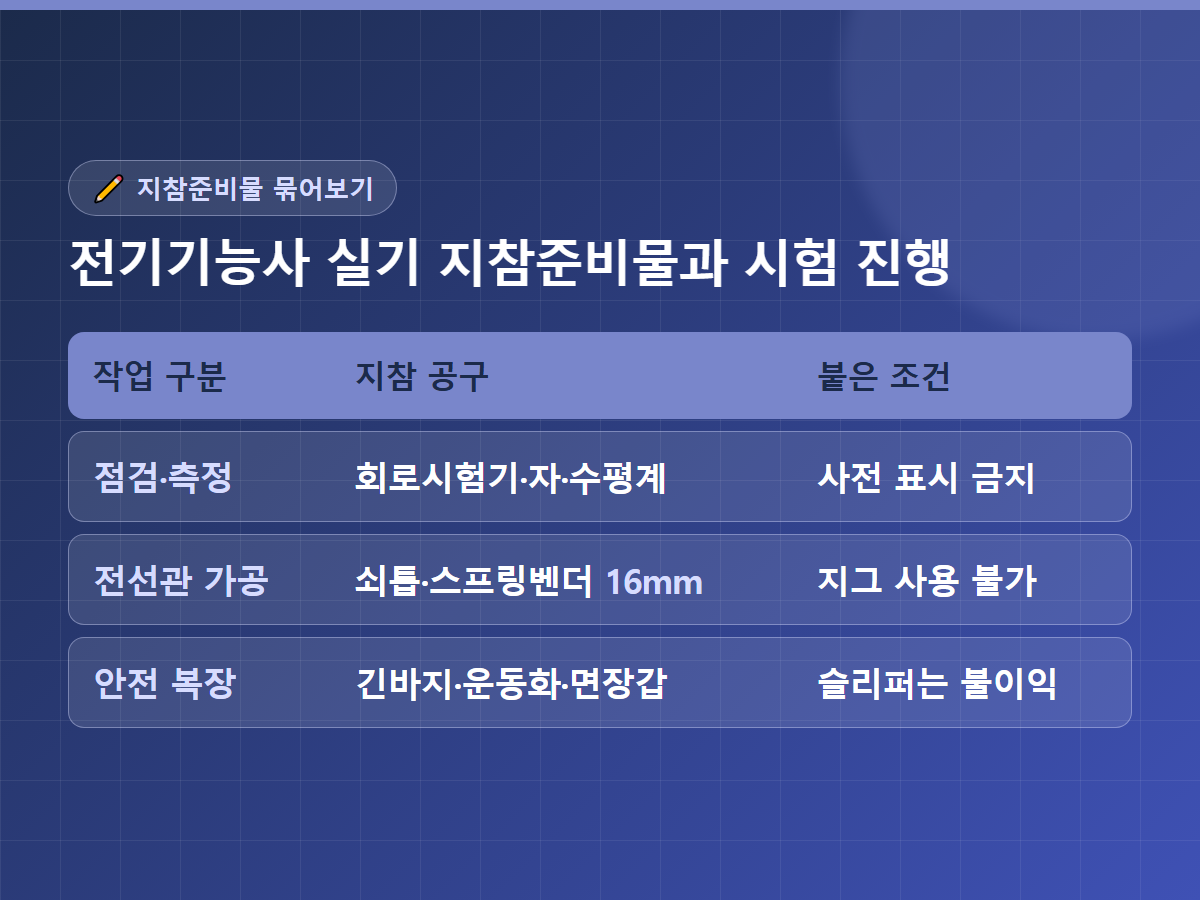 지참준비물을 작업 구분별로 묶은 표 이미지 - 점검&middot;측정은 회로시험기와 자, 수평계를 가져가되 사전 표시가 금지되고, 전선관 가공은 쇠톱과 16mm 스프링벤더를 쓰되 지그는 사용할 수 없으며, 안전 복장은 긴바지와 운동화, 면장갑이고 슬리퍼는 채점상 불이익이라는 세 줄