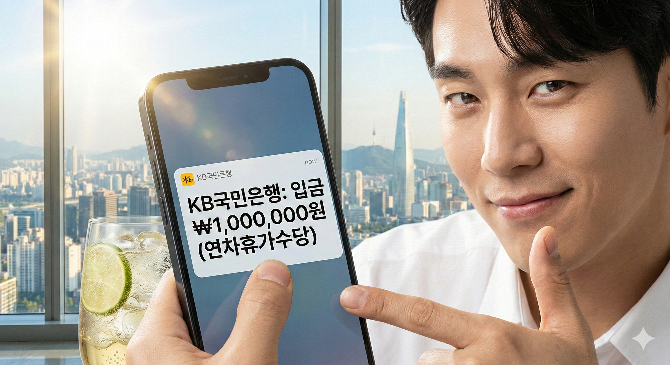 스마트폰 뱅킹 앱에 '연차수당 입금' 알림이 뜬 것을 보고 자신감 있게 미소 짓는 모습