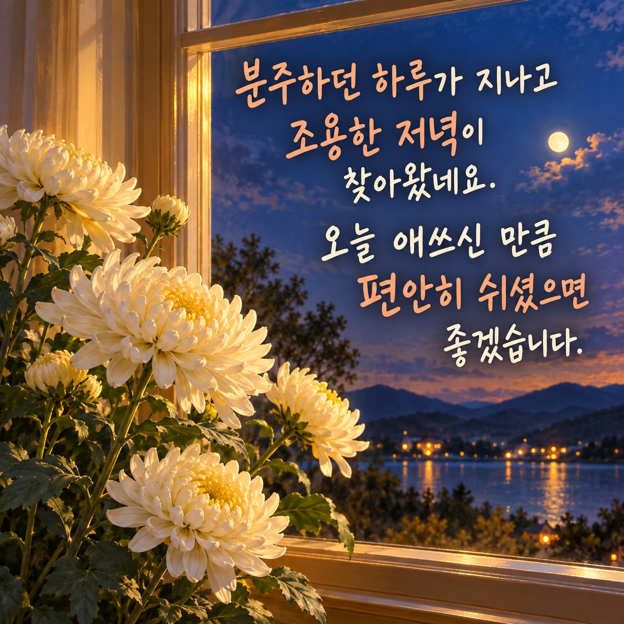 저녁에 보내는 카톡 인사말 이미지 24 — 분주하던 하루가 지나고 조용한 저녁이 찾아왔네요. 오늘 애쓰신 만큼 편안히 쉬셨으면 좋겠습니다.