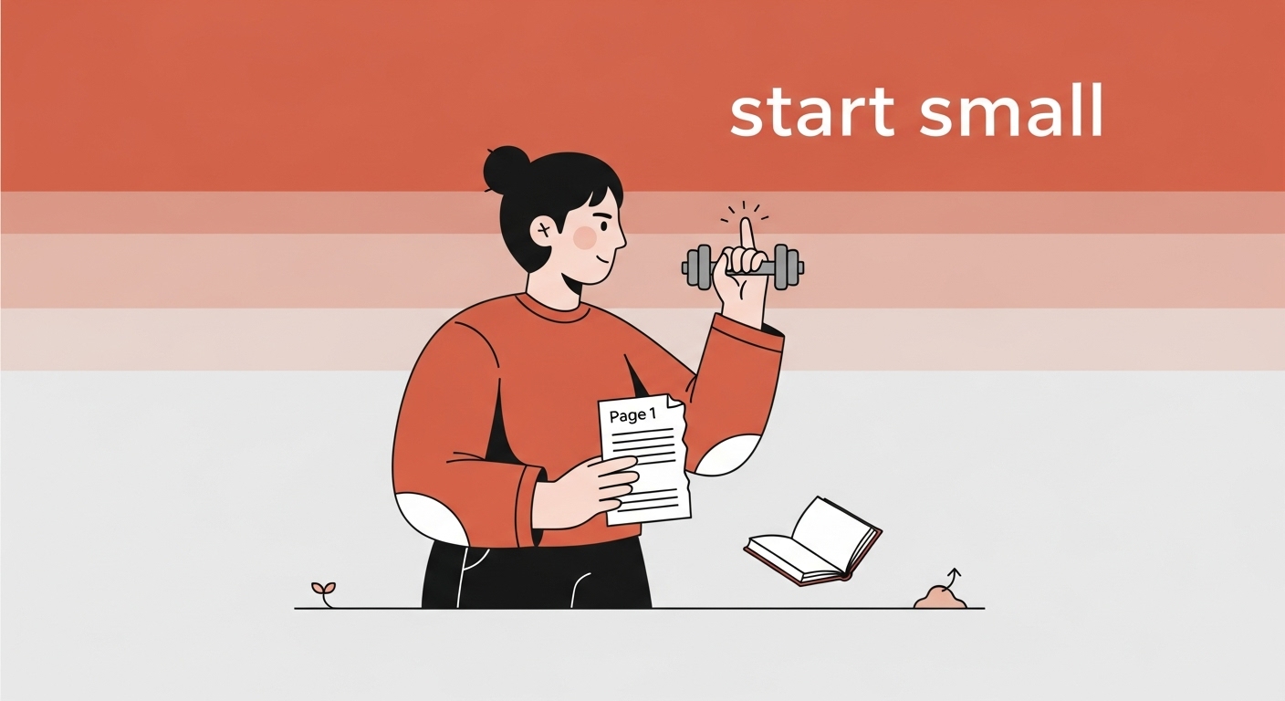 작은 아령을 들거나 책 한 페이지를 읽는 사람의 모습으로, 작게 시작하는 습관의 중요성을 나타내는 그림