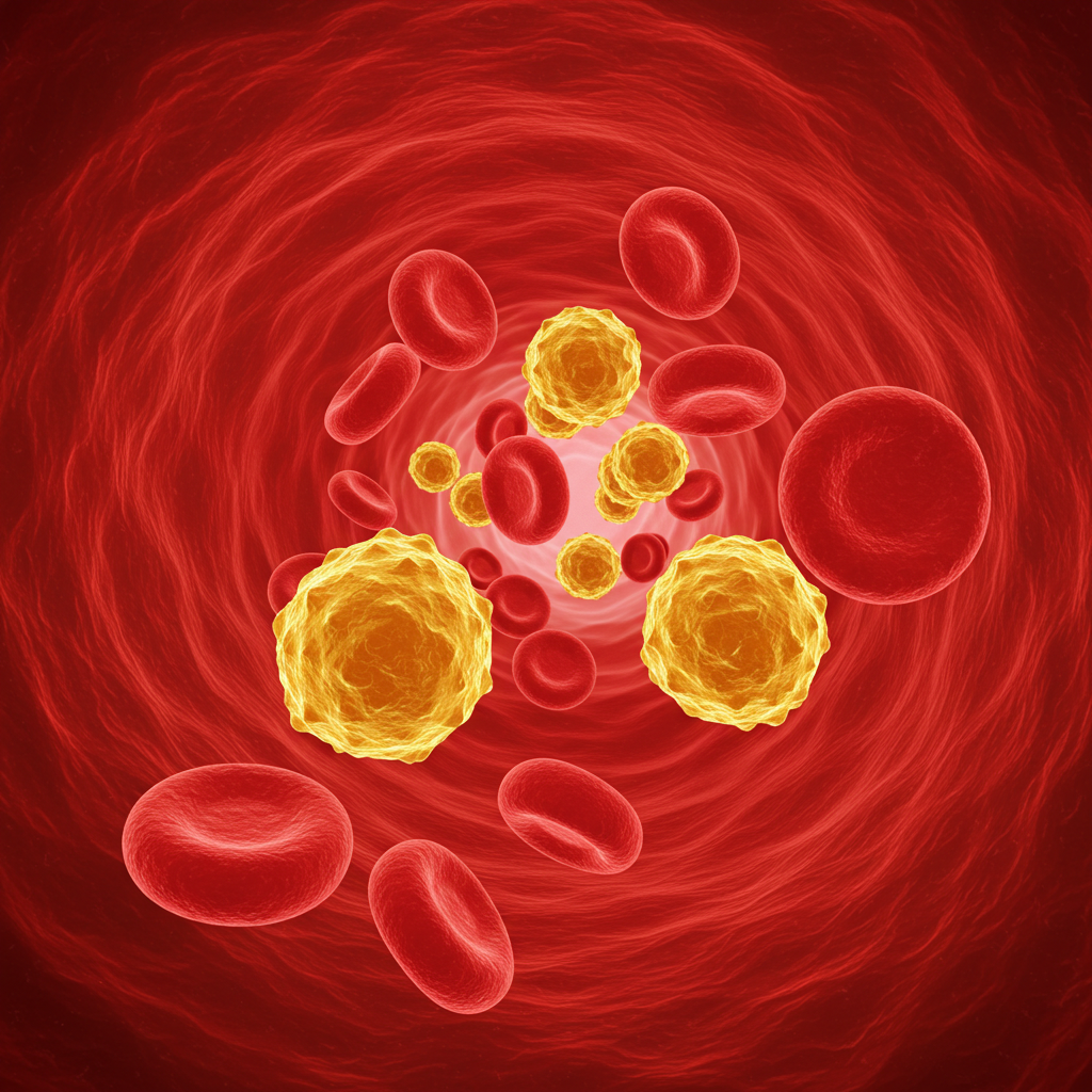 혈관 속 높은 수치의 혈당과 중성지방이 흘러가는 모습을 나타내는 추상적인 이미지