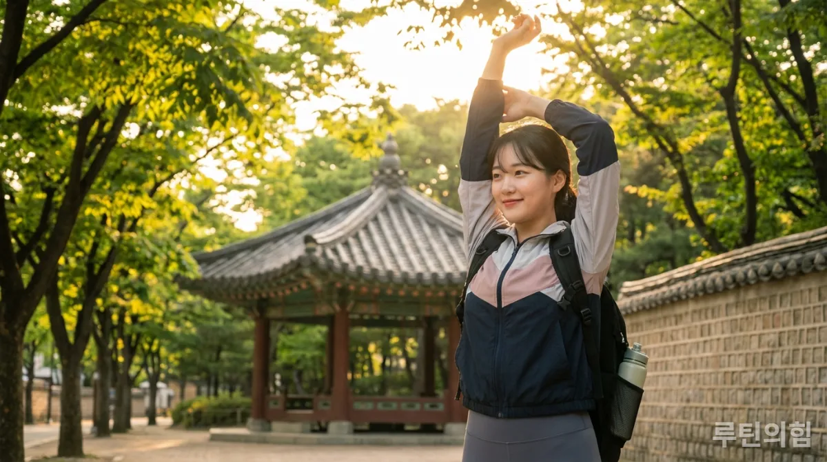 공부 루틴 중 스트레칭하며 휴식하는 한국 학생