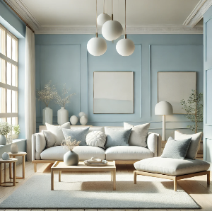 베이비블루 색상의 거실 인테리어