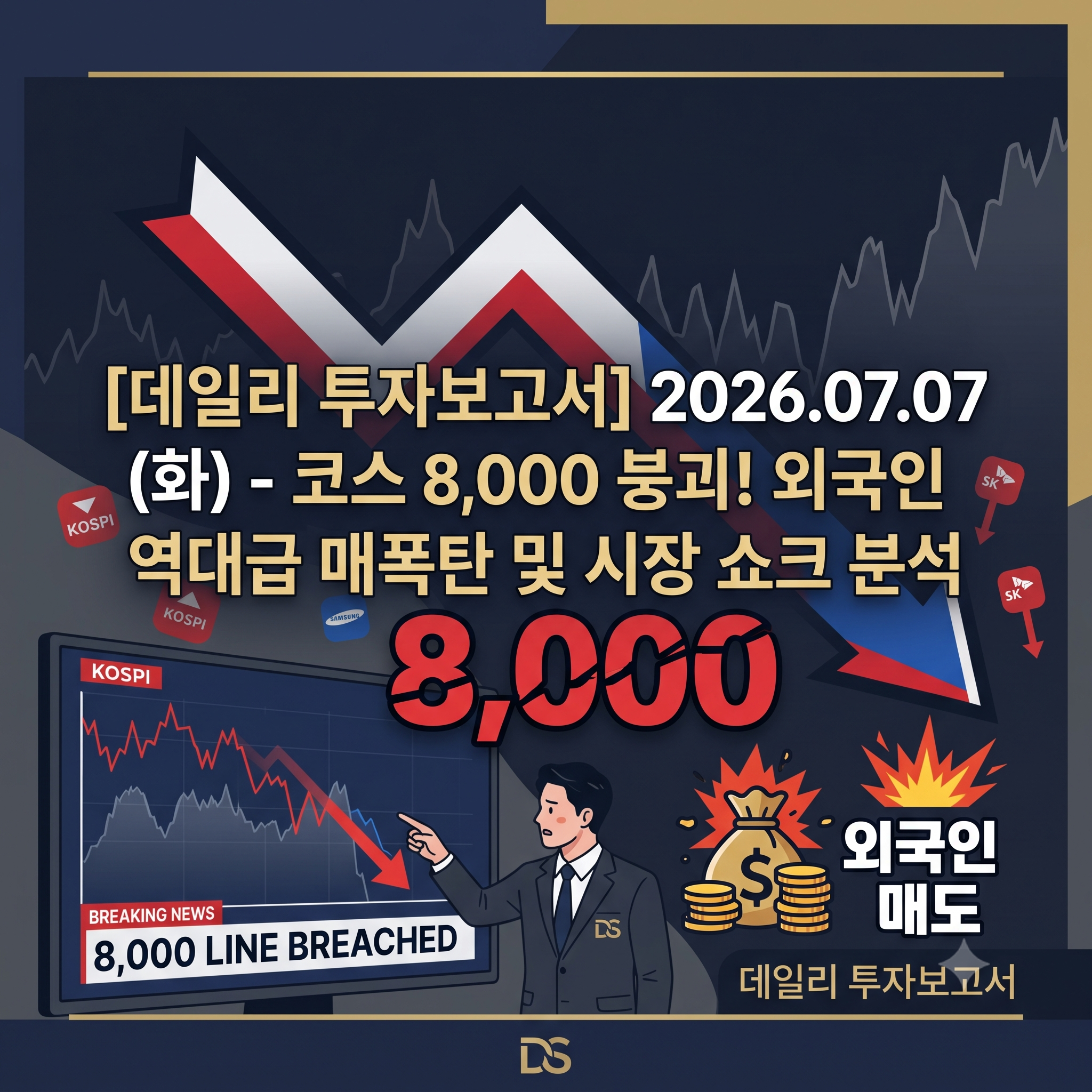 2026년 7월 7일 코스피 8000선 붕괴 및 외국인 매도 폭탄 시황을 분석하는 데일리 투자보고서 메인 썸네일 이미지