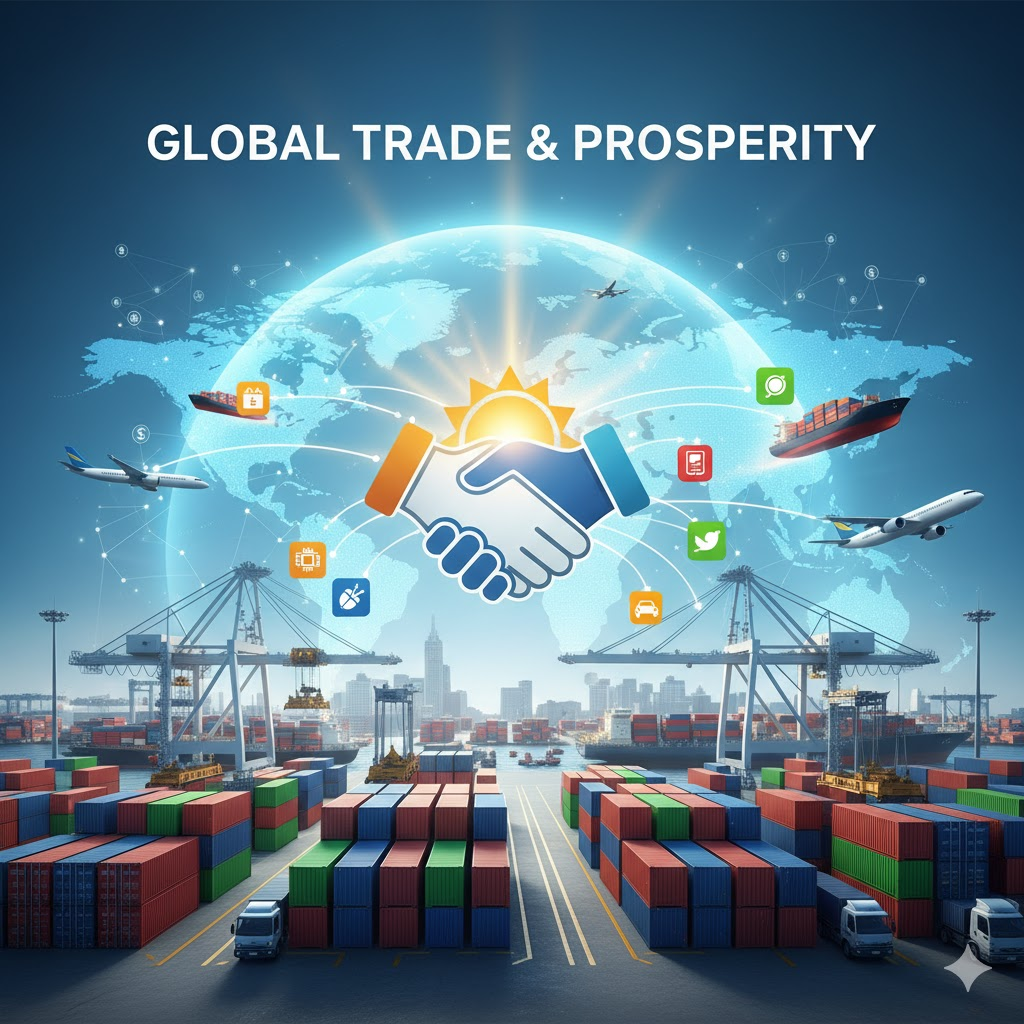 전 세계 항구와 항공 물류가 연결된 글로벌 무역 일러스트. 컨테이너, 선박, 비행기, 화물트럭, 그리고 악수하는 손 이미지가 중심에 배치되어 있으며 'GLOBAL TRADE &amp; PROSPERITY' 문구가 상단에 위치함.