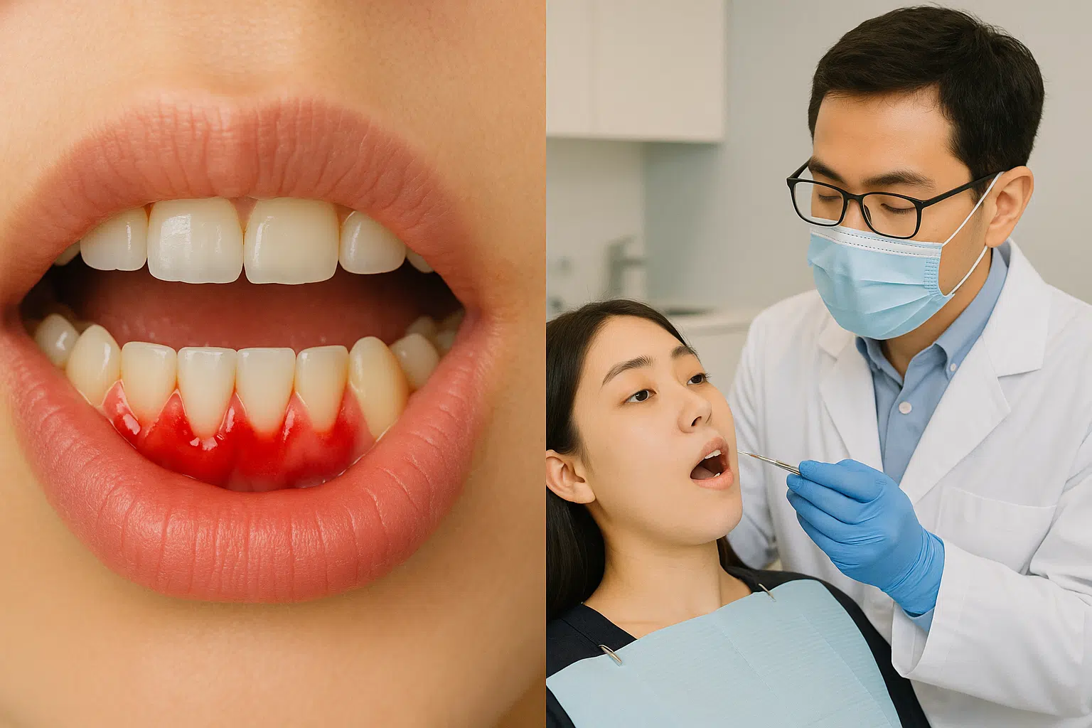 잇몸이 붓고 피가 나는 환자의 입안, 치과에서 진료 받는 장면